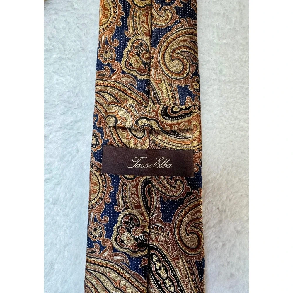Tasso Elba Necktie Gold Navy Blue Silk Paisley‎ Tie Width 3.5